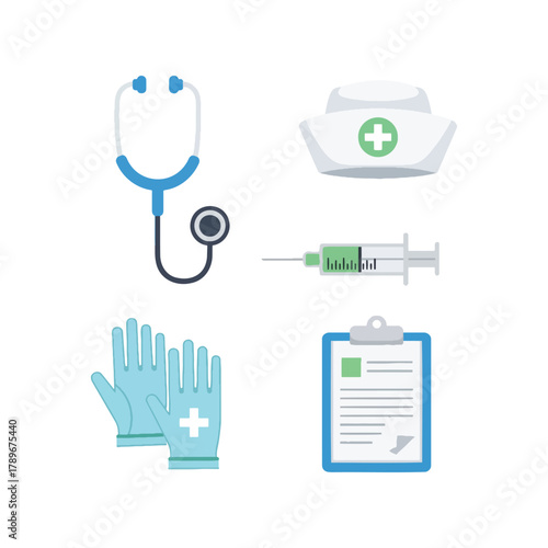 Coloured nurse, physician, staff practitioner icons clinical uniform, medical tools for first aid, health care, emergency recovery