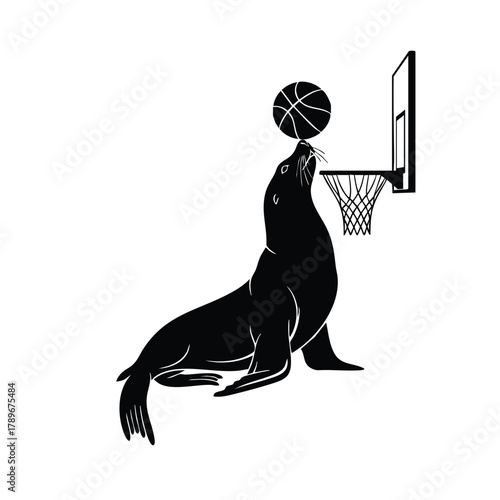 Sea lion playing basketball with a ball on the nose to score in a hoop artwork