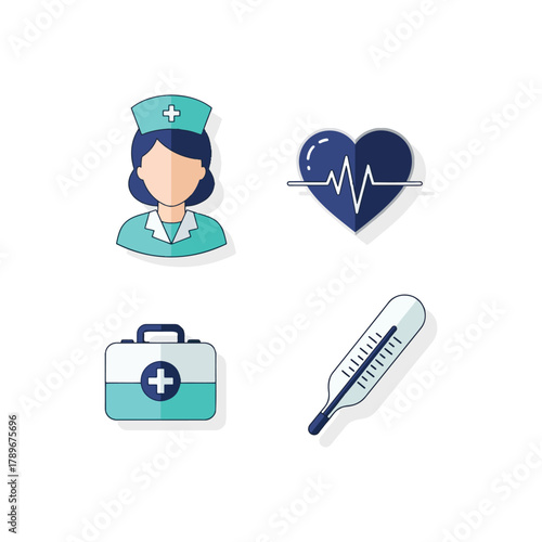 Coloured health signs nurse icon, medical staff, practitioner uniform, clinical tools for first aid, cardiology, healing, and emergency care