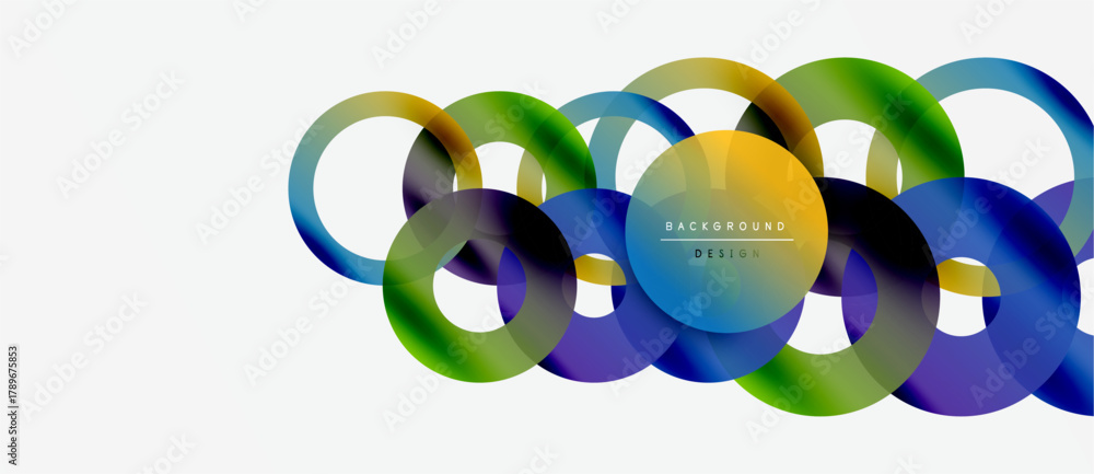 Obraz premium Abstract colorful circles overlap creating dynamic modern background. Gradient hues blend, forming vibrant visual composition.