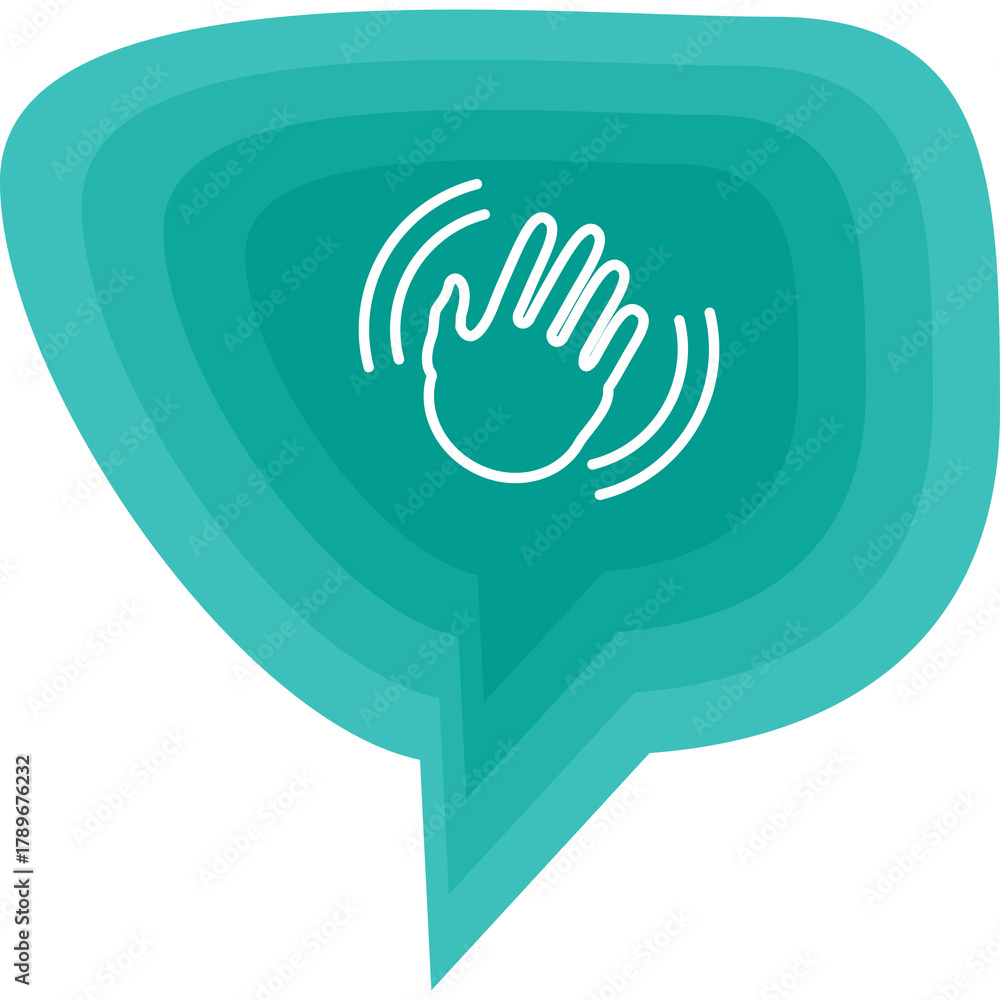 Obraz premium Abstract Teal Speech Bubble Icon with Waving Hand Symbol and Transparent Background Minimalist Design