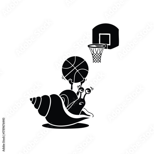Snail playing basketball trying to throw ball into hoop for a fun and sporty game match