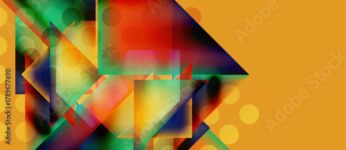 Abstract geometric composition. Vibrant colors blend, creating dynamic shapes. Circles overlap squares, forming complex patterns. Modern design.