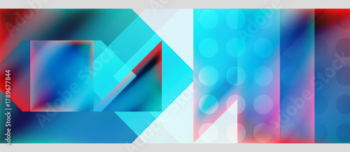 Abstract geometric composition. Vibrant blues, pinks create dynamic visual effect. Overlapping shapes suggest depth, movement. Modern design.