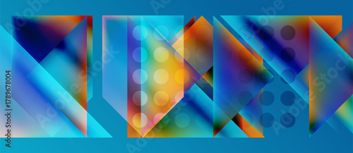 Abstract geometric composition. Vivid colors blend, creating dynamic shapes. Blue dominates, accented by orange, yellow hues. Modern design.