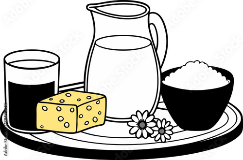 A still life image presents a collection of dairy products on a wooden board against a solid black background. In the center, a clear glass pitcher filled with milk dominates the scene, alongside a fu