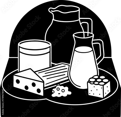 A still life image presents a collection of dairy products on a wooden board against a solid black background. In the center, a clear glass pitcher filled with milk dominates the scene, alongside a fu