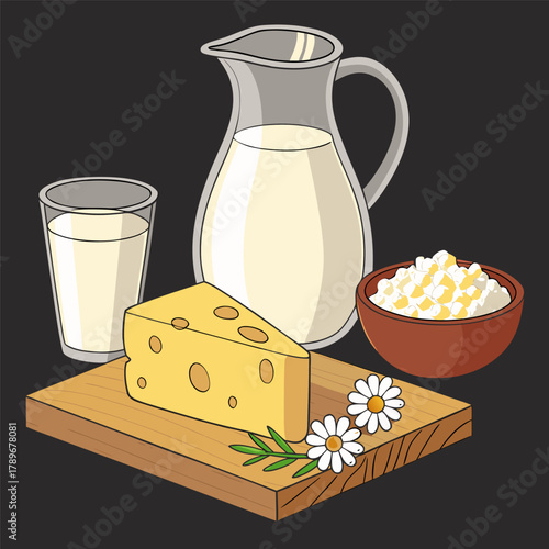 A still life image presents a collection of dairy products on a wooden board against a solid black background. In the center, a clear glass pitcher filled with milk dominates the scene, alongside a fu