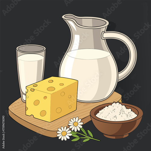 A still life image presents a collection of dairy products on a wooden board against a solid black background. In the center, a clear glass pitcher filled with milk dominates the scene, alongside a fu