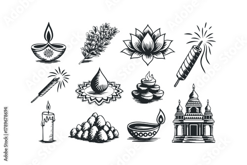 Festival icons of lamp, lotus, fireworks, and temple
