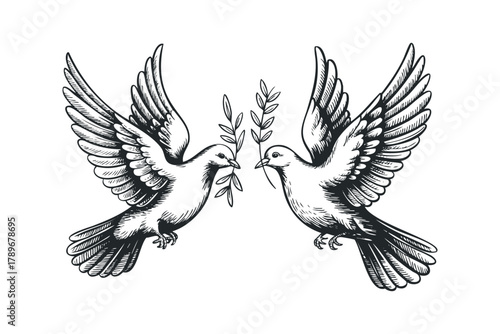 Two doves in flight carrying olive branches