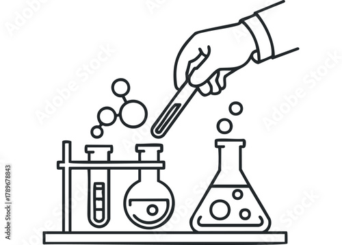 Scientist holding pipette over laboratory flasks with molecules
