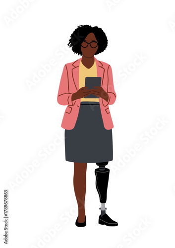 African American business woman with a prosthetic leg using a tablet. Modern inclusive design with pink blazer, gray skirt. Flat vector illustration isolated on transparent background
