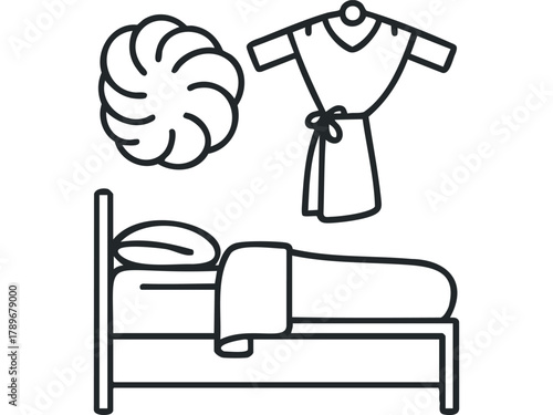 Bed, robe, and circular shape line art