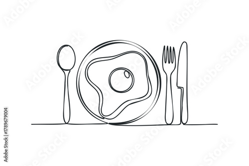 Continuous Line Drawing of Fried Egg with Utensils