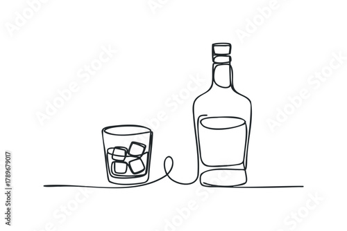 Minimalist continuous line drawing of whiskey bottle and glass