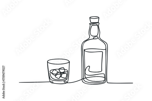 Alcohol bottle and glass with ice cubes continuous line drawing