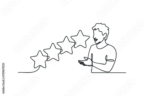 Person with reaching hands gestures towards five rating stars