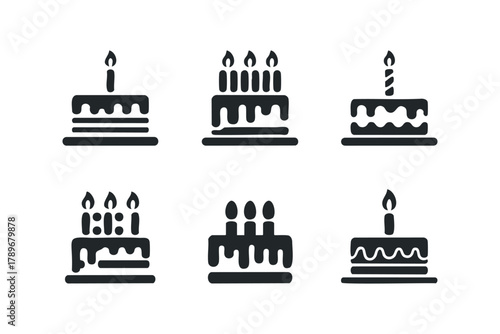 Collection of six stylized cake icons with candles