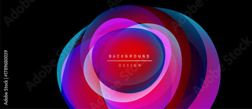 Abstract circular layers, vibrant colors blend. Pink, purple, blue hues create dynamic visual effect. Text reads background design.