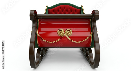 Traditional Red Wooden Christmas Sleigh with Green Cushion and Gold Trim, Isolated on Transparent Background