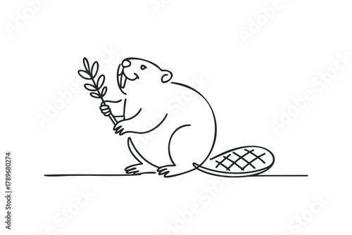 Cute beaver holding a twig with leaves