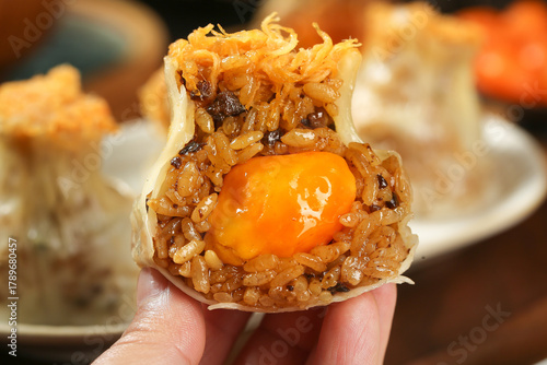 Handmade Siu Mai Dumpling with Sticky Rice and Egg Yolk - Traditional Chinese Dim Sum
