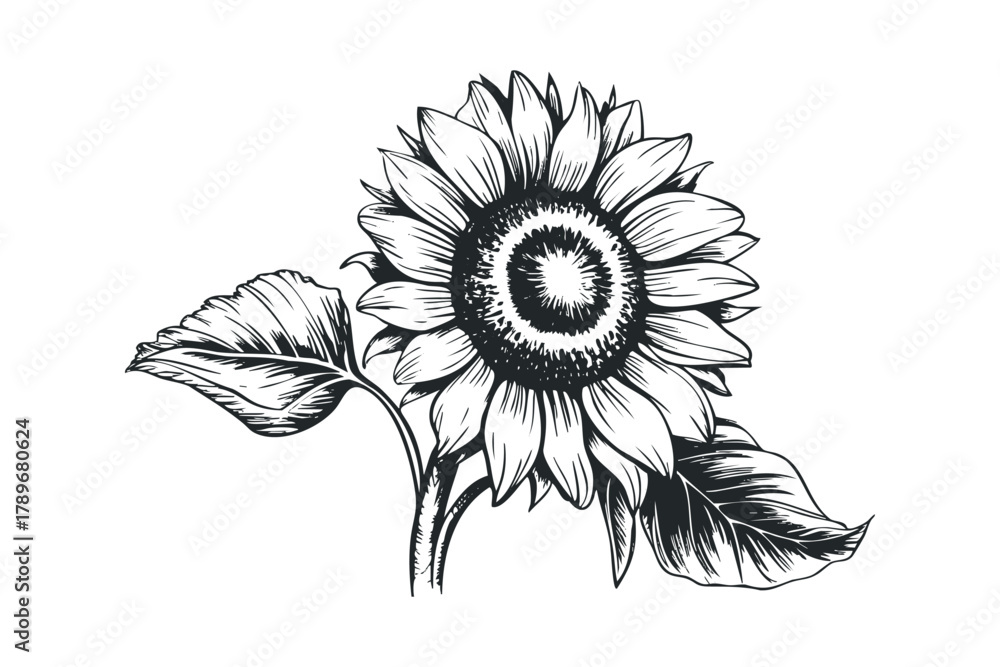 Fototapeta premium Detailed sketch of a blooming sunflower with leaves