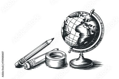 Globe with Pencils and Tape Sketch