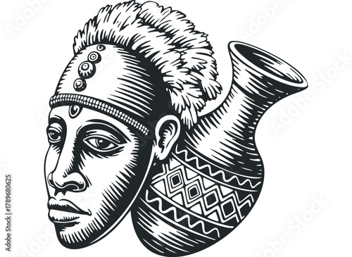 African Man Head Sculpture with Decorative Pottery Vessel