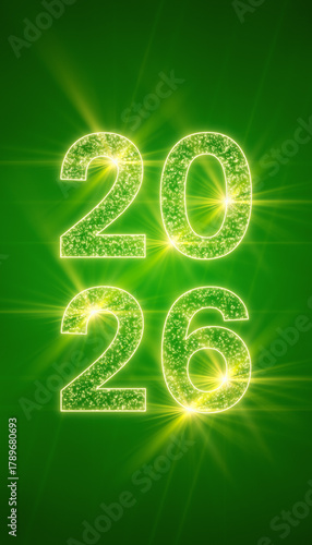 Vertical illustration of abstract neon light with the numbers 2026 over green background - represents the new year - vacation concept.