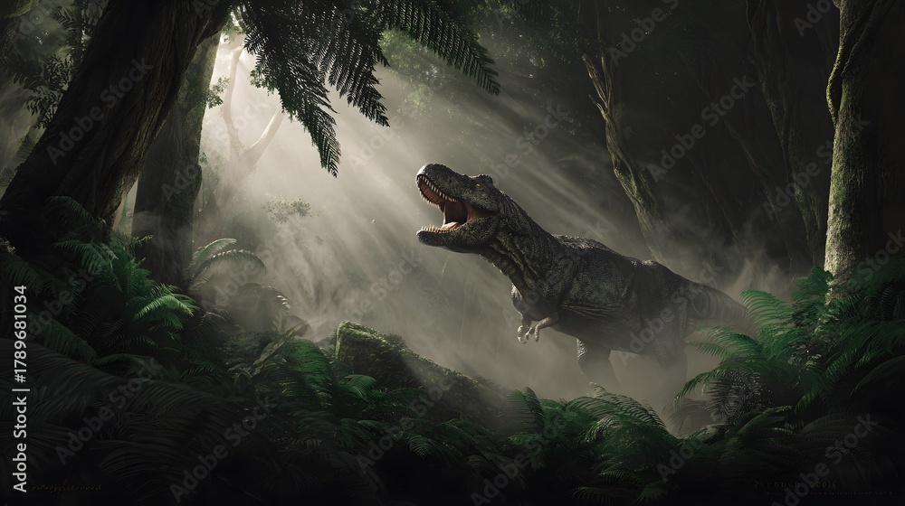 Obraz premium Majestic dinosaur roars within a misty jungle bathed in cinematic sunlight and ancient towering trees