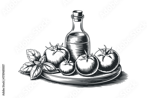 Tomatoes and Fresh Basil with Olive Oil Bottle