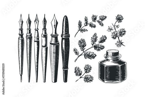 Vintage fountain pen nibs and inkwell with botanical sprigs