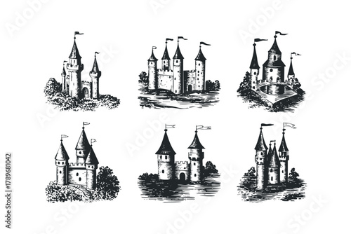 Six vintage castle illustrations with flags and trees