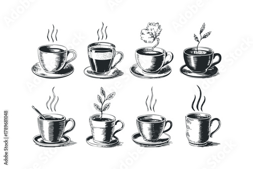 Collection of eight sketched coffee cups with steam and plant elements