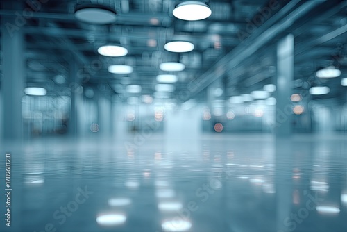 Blurry photo of a large, industrial-looking space with many overhead lights and a polished floor