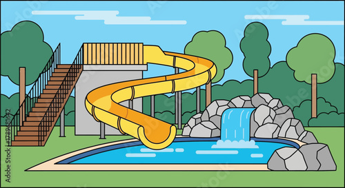 Cartoon water park with slide and pool summer fun recreation area