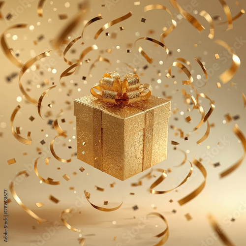 Mock-up of a gift box made of expensive gold paper with warm cinematic lighting, flying surrounded by golden confetti, the lid of the box is ajar and a golden glow is coming out of the box