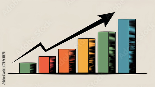 Colorful Bar Graph with Upward Trend Arrow on a Light Background