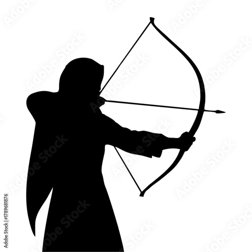 silhouette of a woman with a veil doing archery