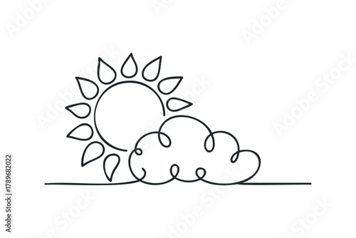 Simple line drawing of sun and cloud on white