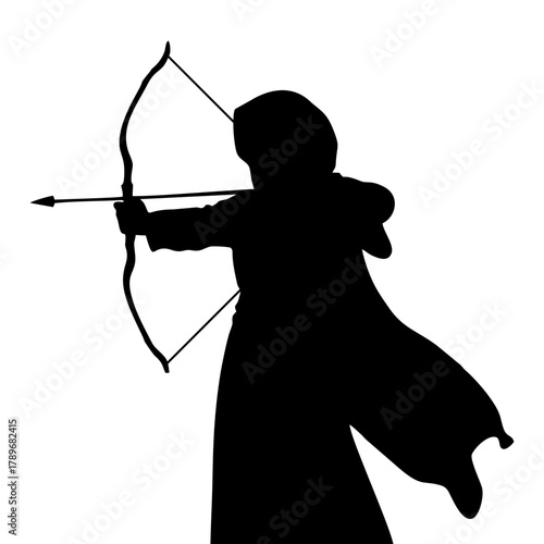 silhouette of a woman with a veil doing archery