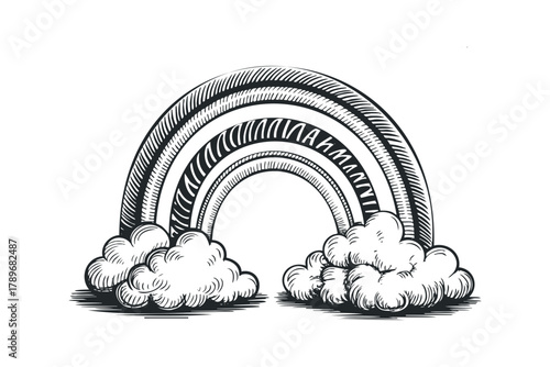 Hand Drawn Rainbow Arch Above Cumulus Clouds
