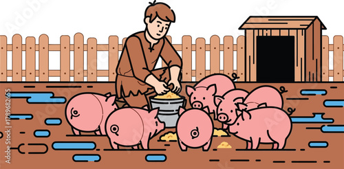 Cartoon farmer feeding pigs vector illustration farming concept