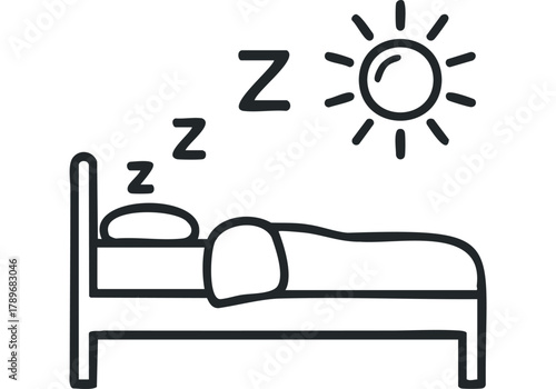 Simple line drawing of a bed with sleeping symbols and sun