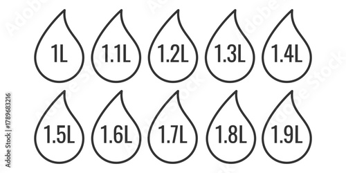 Water intake measurement icons. Hydration tracker printable label. Water bottle volume markers set. Minimalist liter volume stickers. Bottle capacity indicator graphic. Drop outline icon