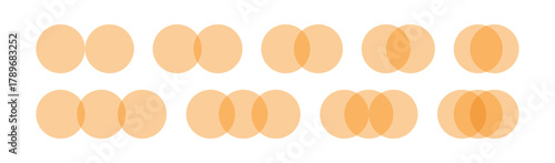 Two and three intersecting circles set. Circle Venn diagram with two and three parts. Infographic chart icon. 2, 3 overlap balance elements diagram. Vector illustration isolated on white background.