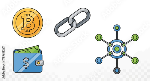 Explore cryptocurrency and blockchain technology with this eye-catching illustration of Bitcoin, wallet, chain link, and network connectivity for financial innovation