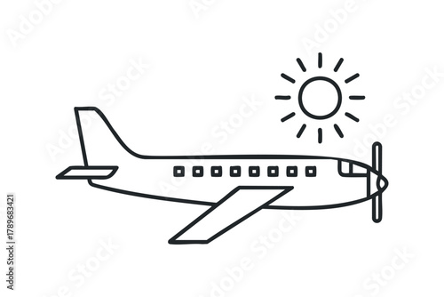 Propeller airplane flying under a sun